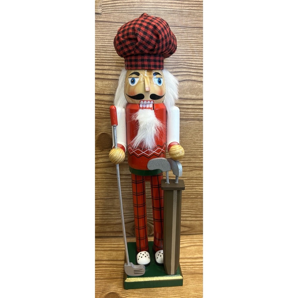 Golfer Nutcracker Golf Clubs Bag Red Black Christmas Plaid Wood‎ 15"